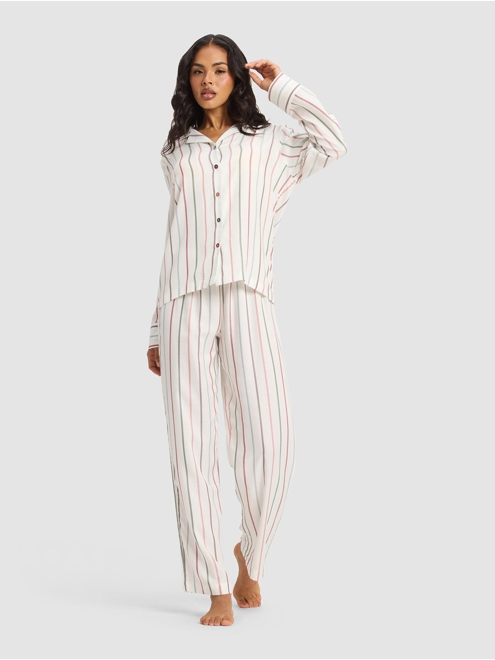 Women's Striped Button-Front Pajama Set - White with Pink & Green Stripes